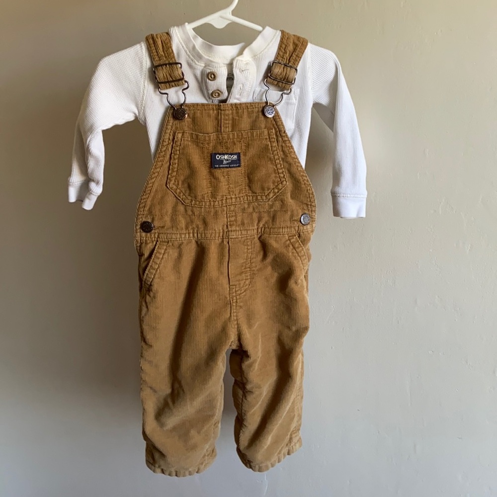2-piece tan corduroy overalls and Henley set size 18 mo